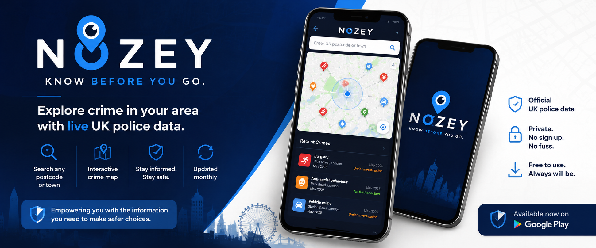 Nozey app screenshot showing an interactive crime map with markers over a UK town centre, and a detail card reading Public Order, On or near Parking Area, Under investigation